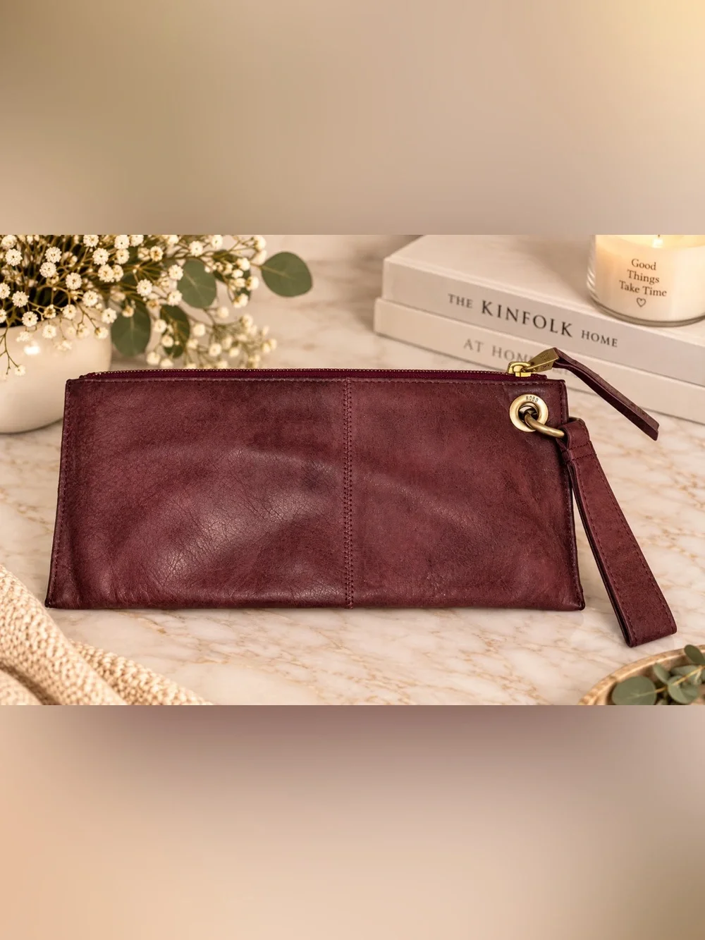 HOBO International Burgundy Leather Wristlet Clutch Zip Pouch